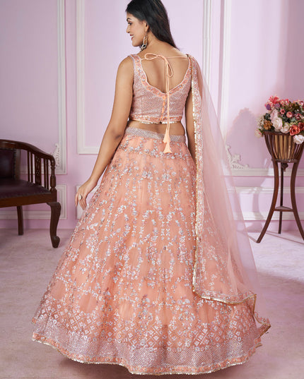Peach Net Sequins Embroidered Wedding Lehenga Choli