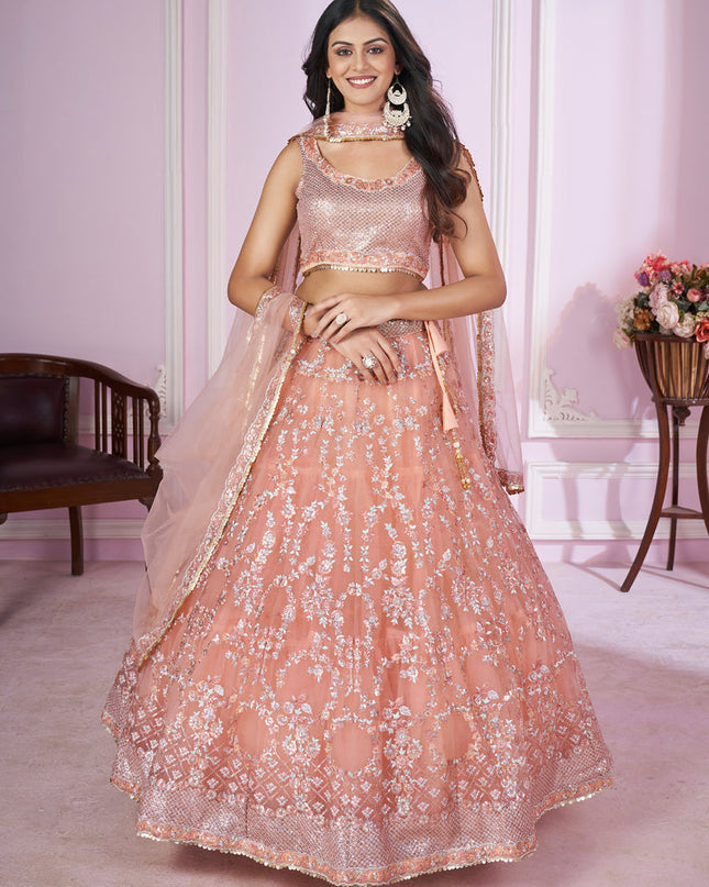 Peach Net Sequins Embroidered Wedding Lehenga Choli