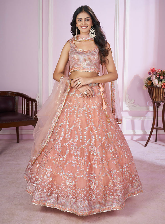 Peach Net Sequins Embroidered Wedding Lehenga Choli