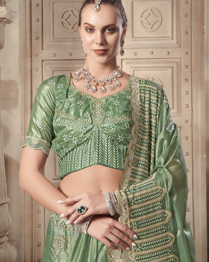 Mint Green Premium Soft Paper Silk Embroidered Wedding Lehenga Choli