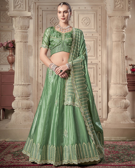 Mint Green Premium Soft Paper Silk Embroidered Wedding Lehenga Choli