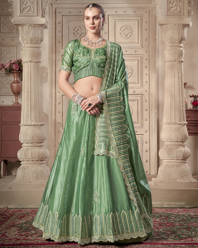 Mint Green Premium Soft Paper Silk Embroidered Wedding Lehenga Choli