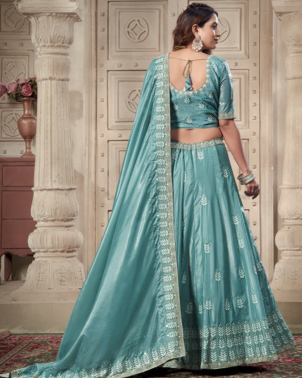 Mint Blue Premium Soft Paper Silk Embroidered Wedding Lehenga Choli