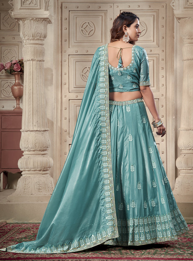 Mint Blue Premium Soft Paper Silk Embroidered Wedding Lehenga Choli