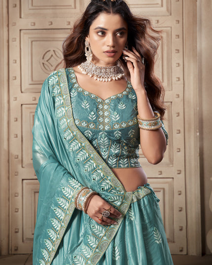 Mint Blue Premium Soft Paper Silk Embroidered Wedding Lehenga Choli