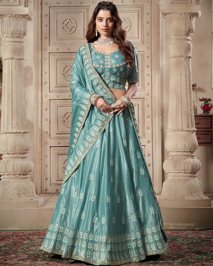 Mint Blue Premium Soft Paper Silk Embroidered Wedding Lehenga Choli