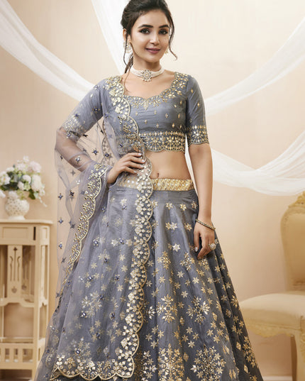 Grey Art Silk Embroidered Lehenga Choli