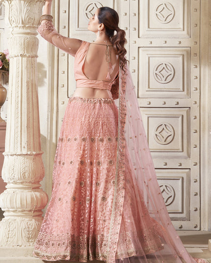 Coral Pink Net Embroidered Designer Lehenga Choli Set