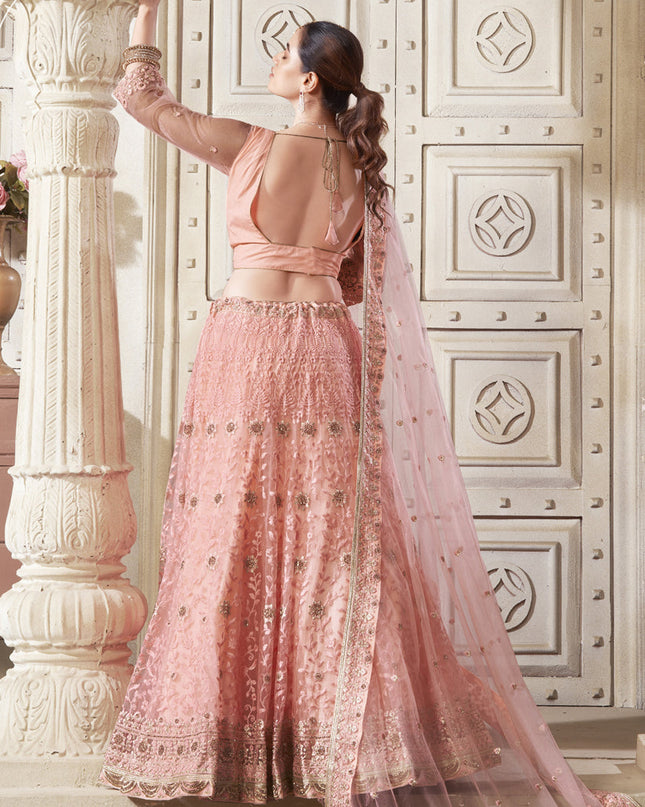 Coral Pink Net Embroidered Designer Lehenga Choli Set