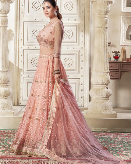 Coral Pink Net Embroidered Designer Lehenga Choli Set
