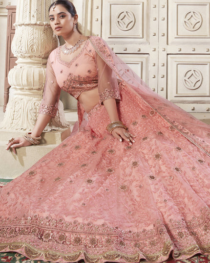 Coral Pink Net Embroidered Designer Lehenga Choli Set