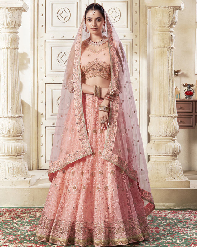 Coral Pink Net Embroidered Designer Lehenga Choli Set