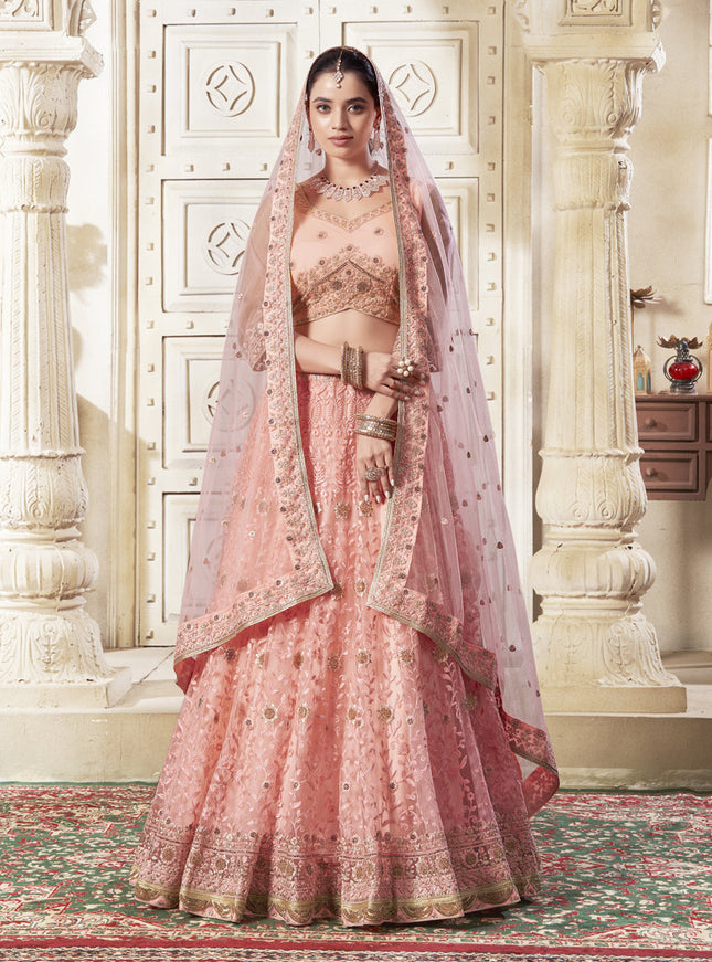 Coral Pink Net Embroidered Designer Lehenga Choli Set