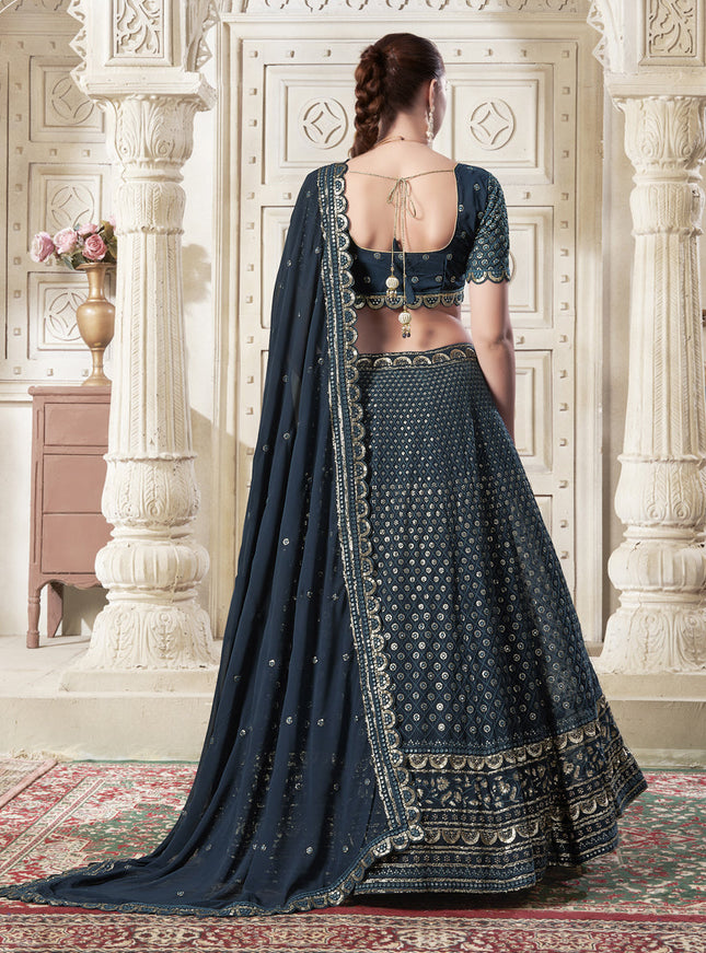 Midnight Blue Georgette Embroidered Designer Lehenga Choli Set