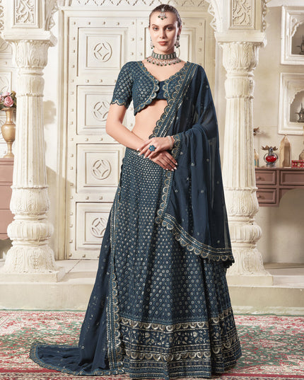 Midnight Blue Georgette Embroidered Designer Lehenga Choli Set