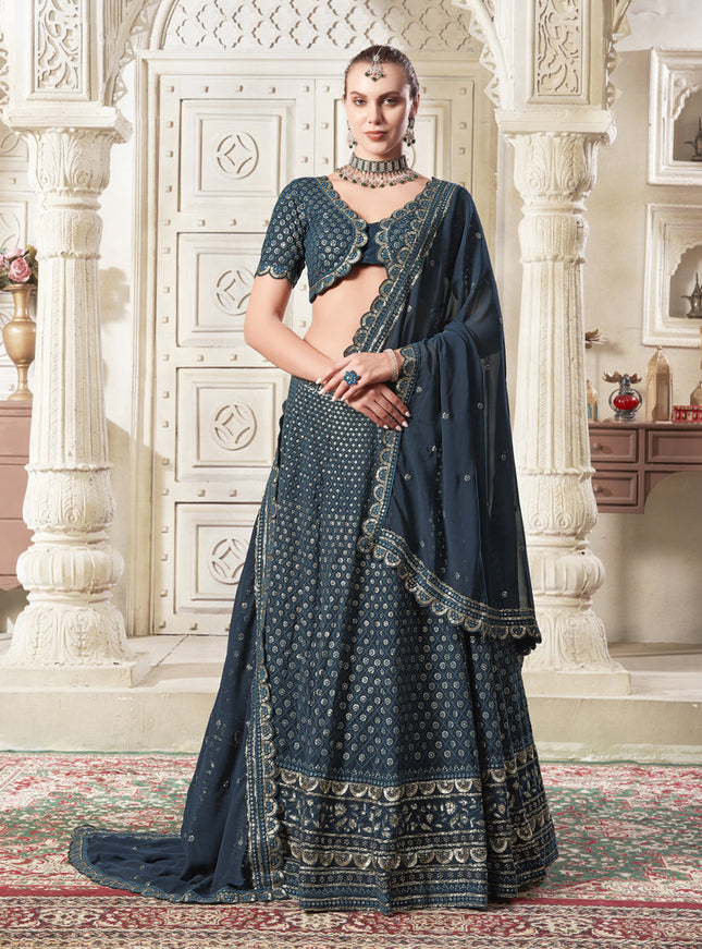 Midnight Blue Georgette Embroidered Designer Lehenga Choli Set