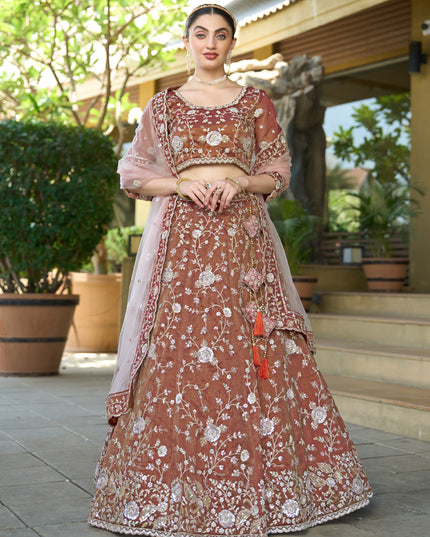 Beautiful Brown Heavy Embroidered Wedding Lehenga Choli Set