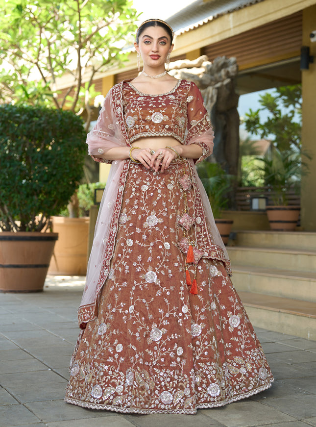 Beautiful Brown Heavy Embroidered Wedding Lehenga Choli Set