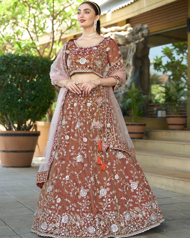 Beautiful Brown Heavy Embroidered Wedding Lehenga Choli Set