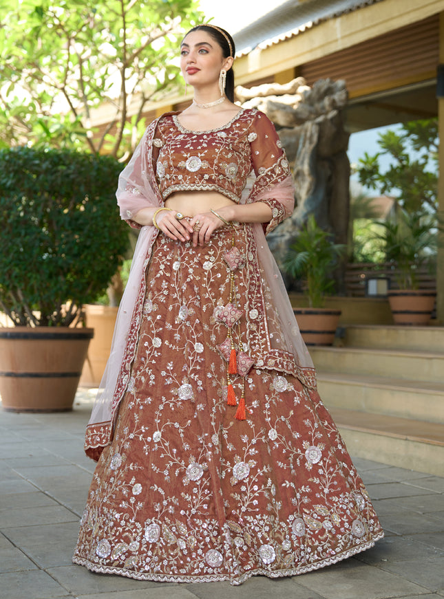 Beautiful Brown Heavy Embroidered Wedding Lehenga Choli Set