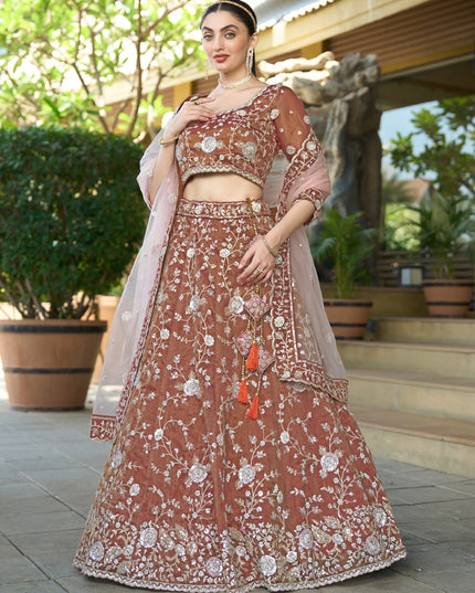 Beautiful Brown Heavy Embroidered Wedding Lehenga Choli Set