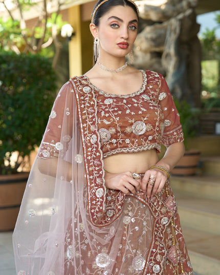 Beautiful Brown Heavy Embroidered Wedding Lehenga Choli Set