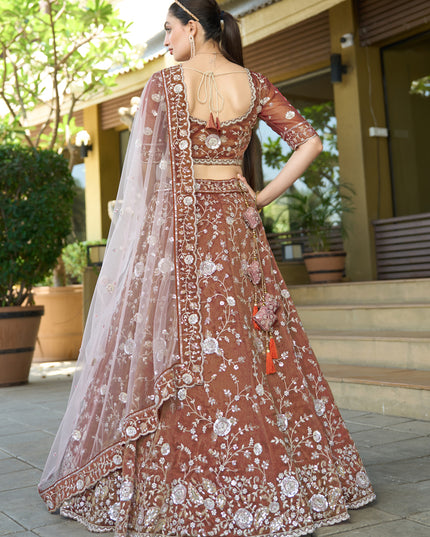 Beautiful Brown Heavy Embroidered Wedding Lehenga Choli Set