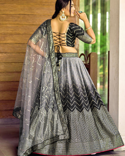 Black and Smoke Grey Chinnon Sequins Embroidered Lehenga Choli
