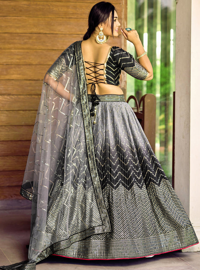 Black and Smoke Grey Chinnon Sequins Embroidered Lehenga Choli