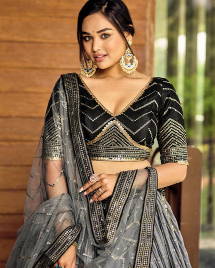 Black and Smoke Grey Chinnon Sequins Embroidered Lehenga Choli