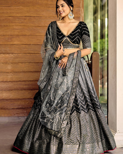 Black and Smoke Grey Chinnon Sequins Embroidered Lehenga Choli