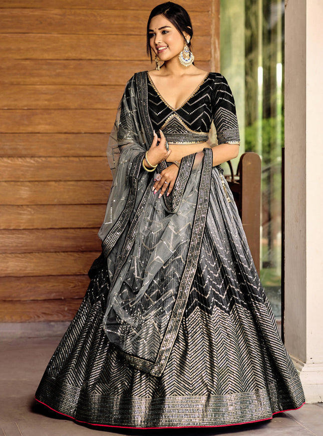 Black and Smoke Grey Chinnon Sequins Embroidered Lehenga Choli