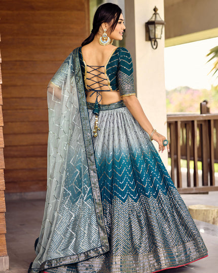 Peacock Blue and Silver Chinnon Sequins Embroidered Lehenga Choli
