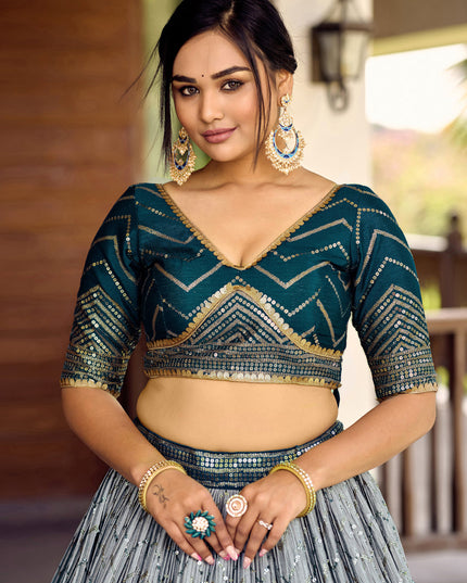 Peacock Blue and Silver Chinnon Sequins Embroidered Lehenga Choli
