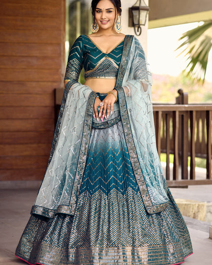 Peacock Blue and Silver Chinnon Sequins Embroidered Lehenga Choli