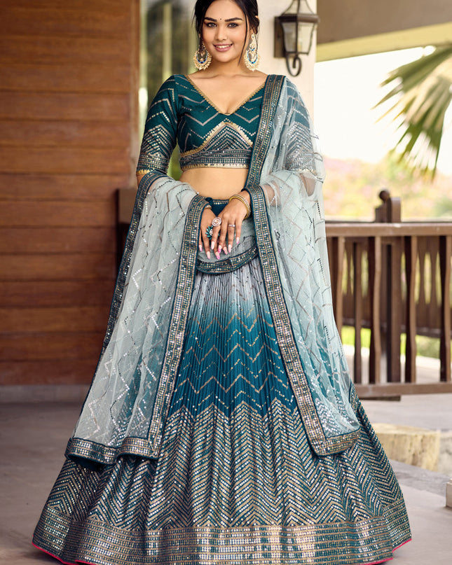 Peacock Blue and Silver Chinnon Sequins Embroidered Lehenga Choli