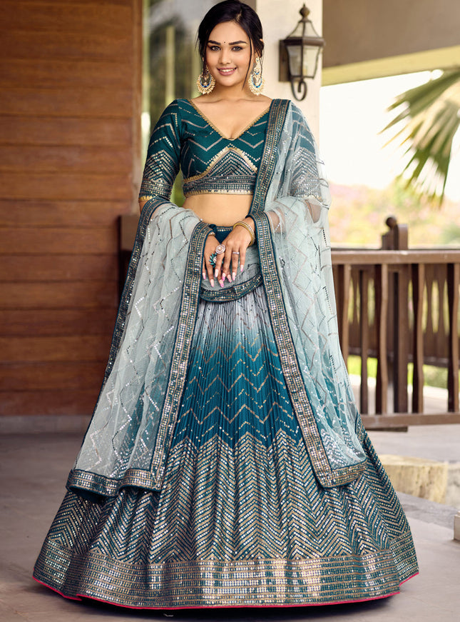 Peacock Blue and Silver Chinnon Sequins Embroidered Lehenga Choli