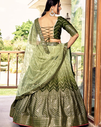Ombre Green Chinnon Sequins Embroidered Lehenga Choli
