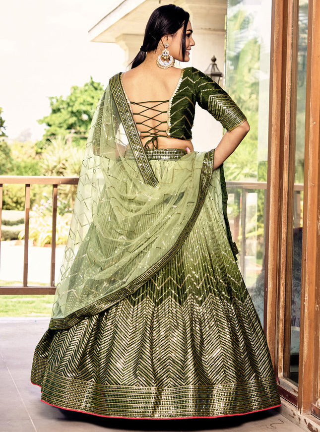 Ombre Green Chinnon Sequins Embroidered Lehenga Choli