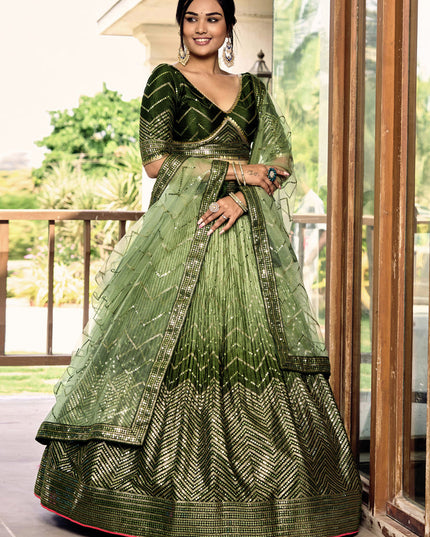 Ombre Green Chinnon Sequins Embroidered Lehenga Choli
