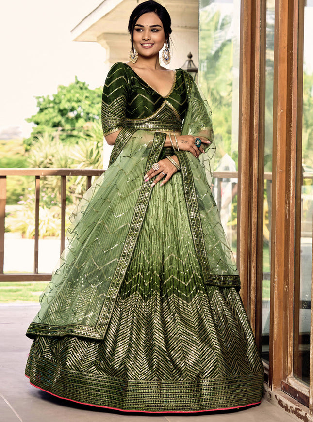 Ombre Green Chinnon Sequins Embroidered Lehenga Choli