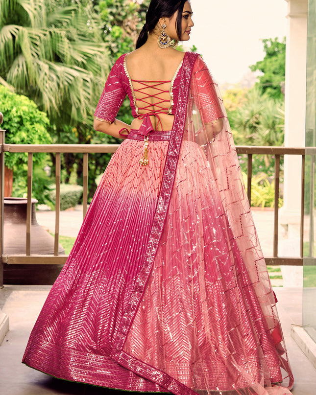 Rani Pink and Coral Pink Chinnon Sequins Embroidered Lehenga Choli
