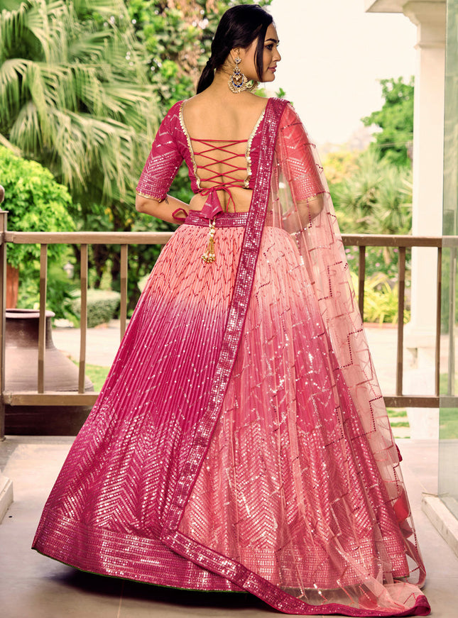 Rani Pink and Coral Pink Chinnon Sequins Embroidered Lehenga Choli