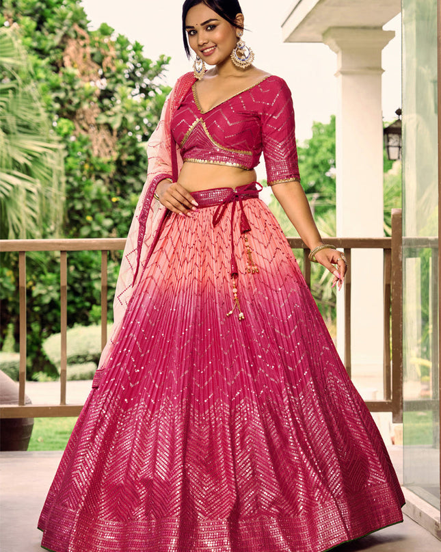 Rani Pink and Coral Pink Chinnon Sequins Embroidered Lehenga Choli