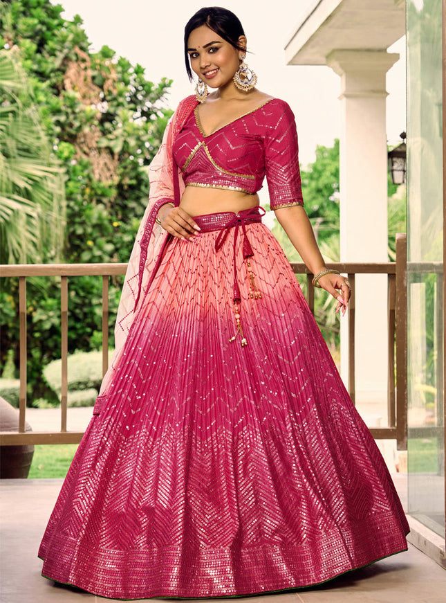 Rani Pink and Coral Pink Chinnon Sequins Embroidered Lehenga Choli