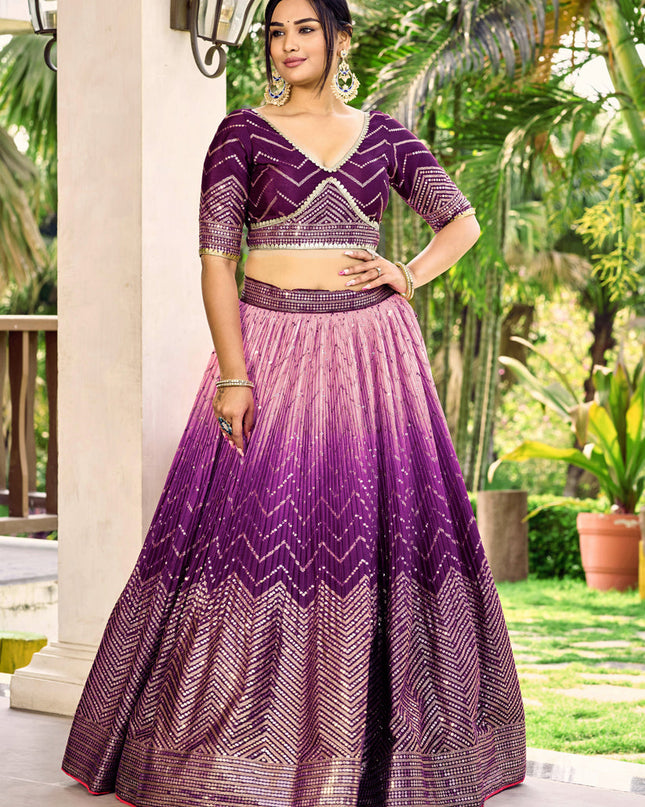Purple and Lilac Pink Chinnon Sequins Embroidered Lehenga Choli