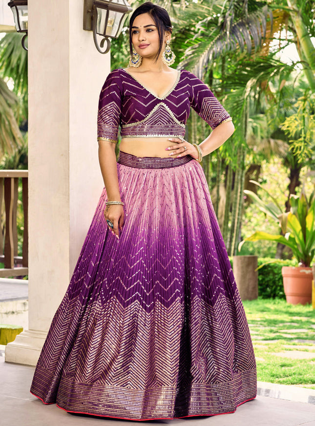 Purple and Lilac Pink Chinnon Sequins Embroidered Lehenga Choli
