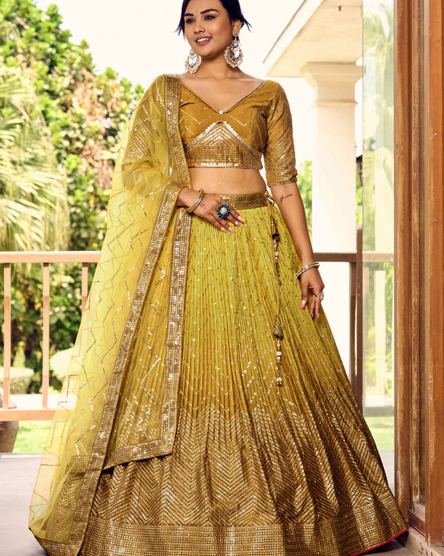 Ombre Mustard Chinnon Sequins Embroidered Lehenga Choli