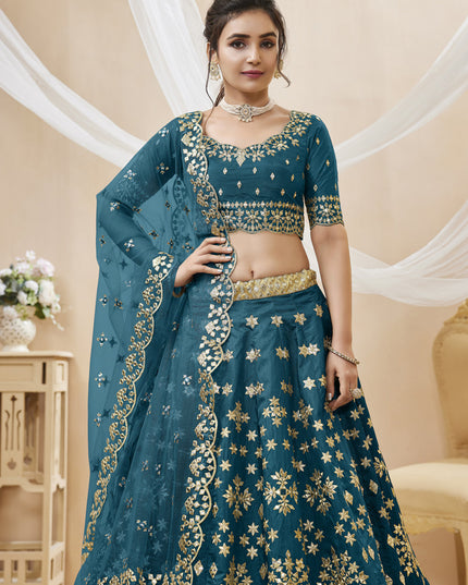 Prussian Blue Art Silk Embroidered Lehenga Choli