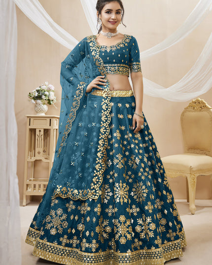 Prussian Blue Art Silk Embroidered Lehenga Choli